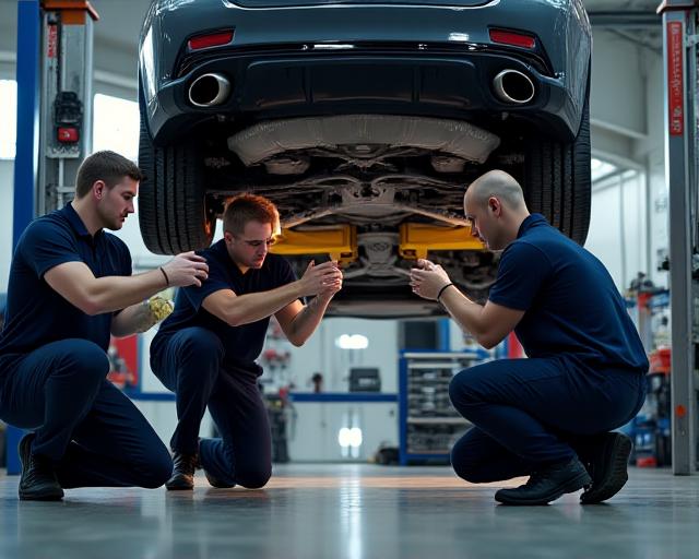 Determined mechanics inspecting an aftermarket exhaust system